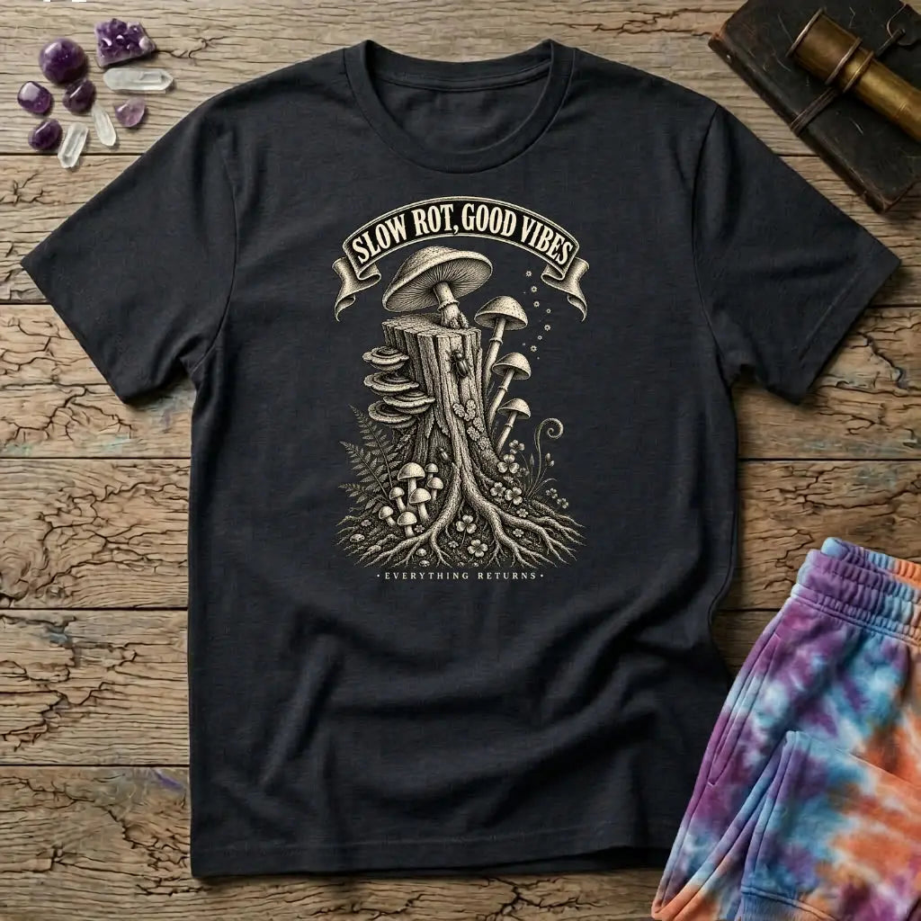 Slow Rot Good Vibes banner over an engraved stump crowded with bracket fungi and ferns, on a Black unisex t-shirt
