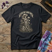 Slow Rot Good Vibes banner over an engraved stump crowded with bracket fungi and ferns, on a Black unisex t-shirt