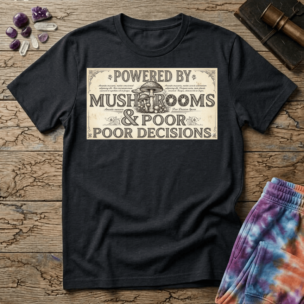 Printify T-Shirt Powered by Mushrooms & Poor Decisions Too T-Shirt Mushroom Magic Mushroom T-Shirt