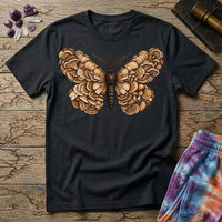 A moth with wings made of layered bracket mushrooms, on a Black unisex t-shirt