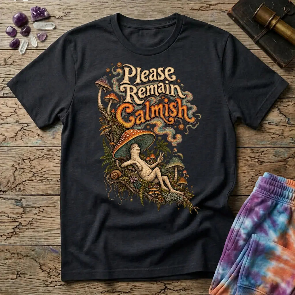 Please Remain Calmish retro lettering above a mushroom-capped character throwing a peace sign, on a Black unisex t-shirt