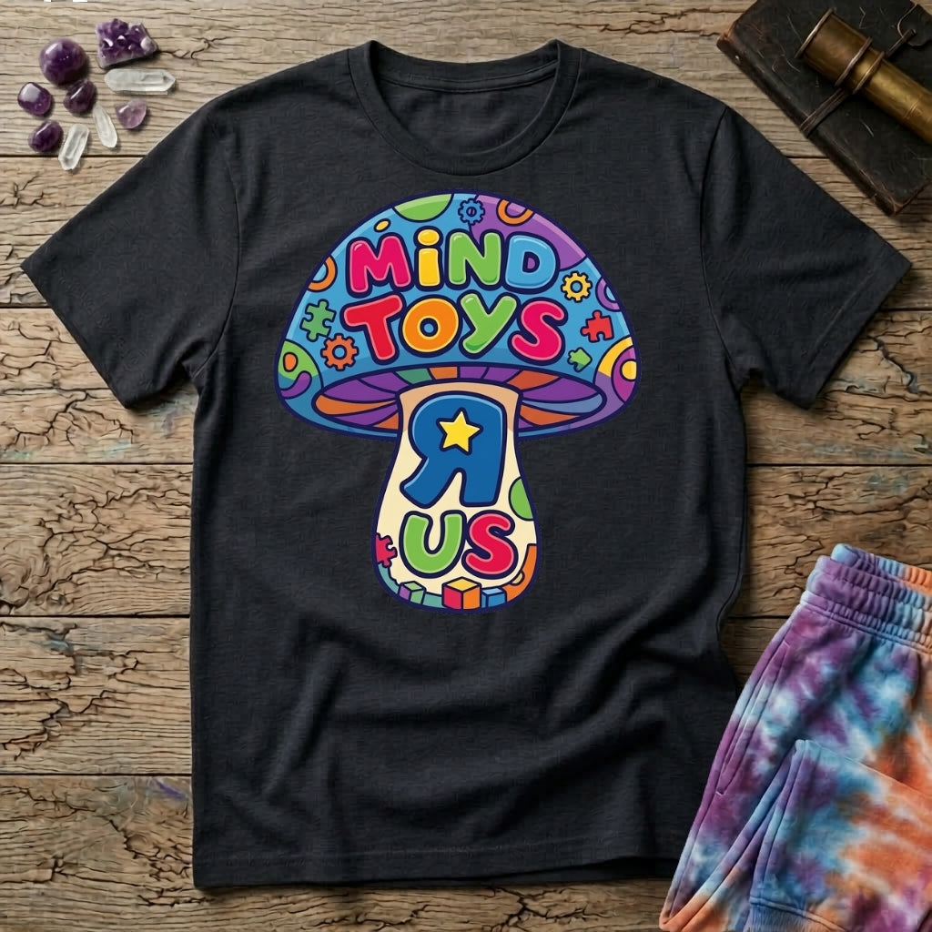 Mind Toys R Us mushroom, a rainbow-capped toadstool lettered Mind Toys with a backwards R and gold star on the stem, on a Black unisex t-shirt