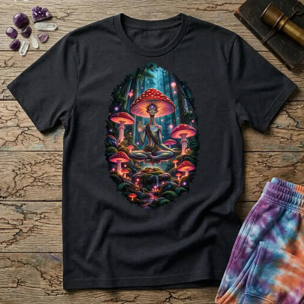 Amanita-crowned figure meditating in a glowing mushroom forest, on a Black unisex t-shirt