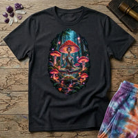 Amanita-crowned figure meditating in a glowing mushroom forest, on a Black unisex t-shirt