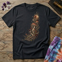 Asymmetric cluster of mushrooms, roots and moss beneath an eclipsed sun, on a Black unisex t-shirt