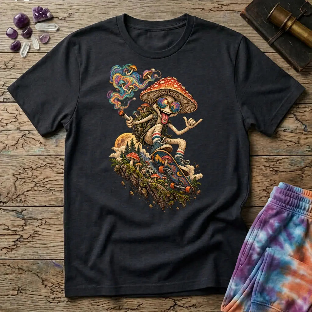 A sunglasses-wearing mushroom riding a skateboard past pines and a full moon, on a Black unisex t-shirt