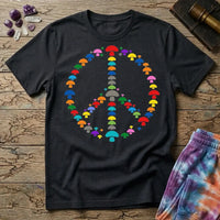 A peace sign made of small rainbow mushrooms, on a Black unisex t-shirt