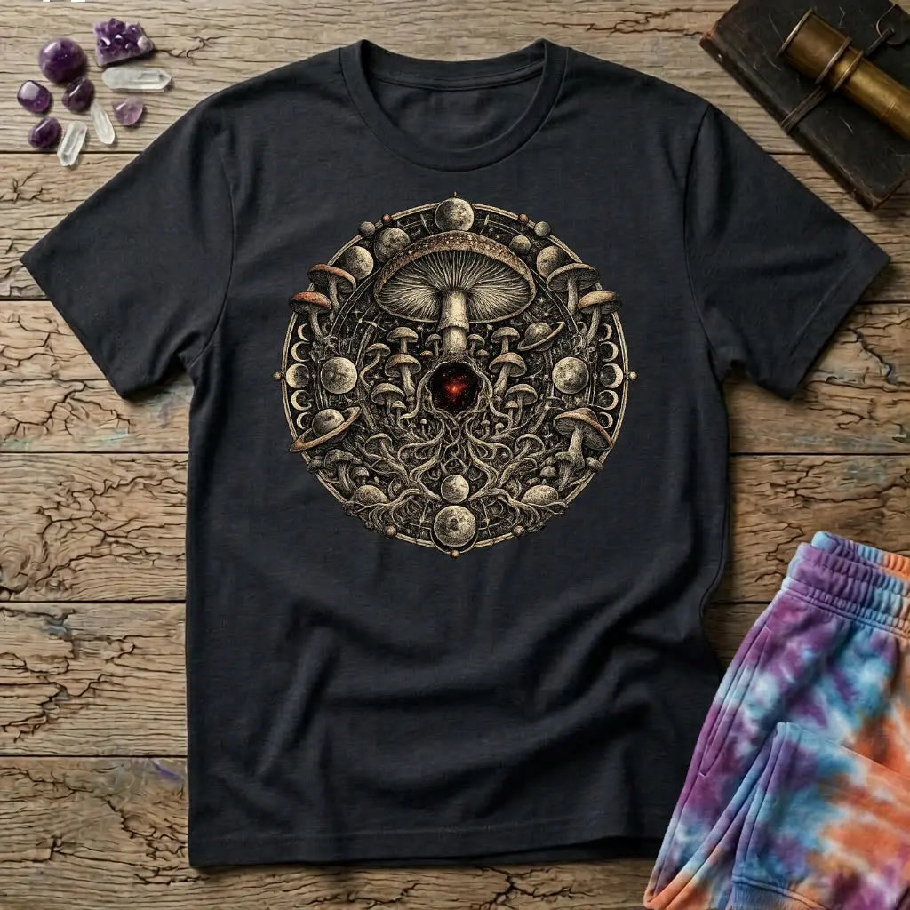 Ornate mushroom mandala ringed with moon phases and planets around a glowing red gem, on a Black unisex t-shirt