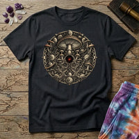 Ornate mushroom mandala ringed with moon phases and planets around a glowing red gem, on a Black unisex t-shirt