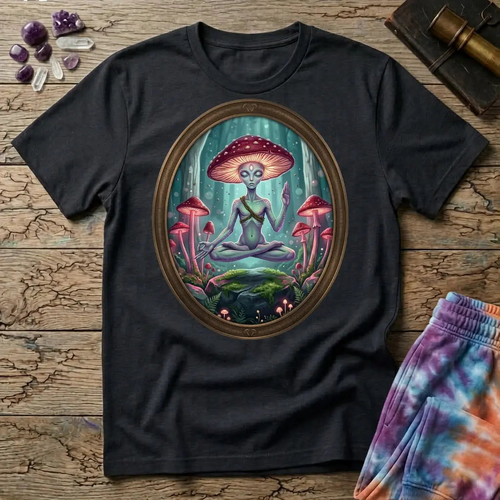 A mushroom-capped alien meditating on a mossy rock in an oval forest frame, on a Black unisex t-shirt