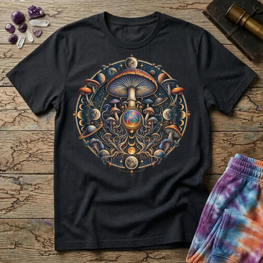 Cosmic mushroom mandala of moon phases, ringed planets and an opal orb, on a Black unisex t-shirt
