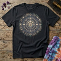 Tarnished bronze medallion of moon phases, constellations and mushroom caps around a glowing eye, on a Black unisex t-shirt