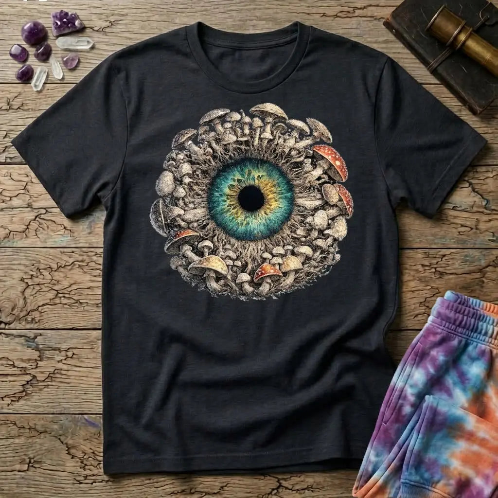 Hyper-detailed teal and gold iris with a dark pupil, ringed by mushrooms standing in for lashes, on a Black unisex t-shirt