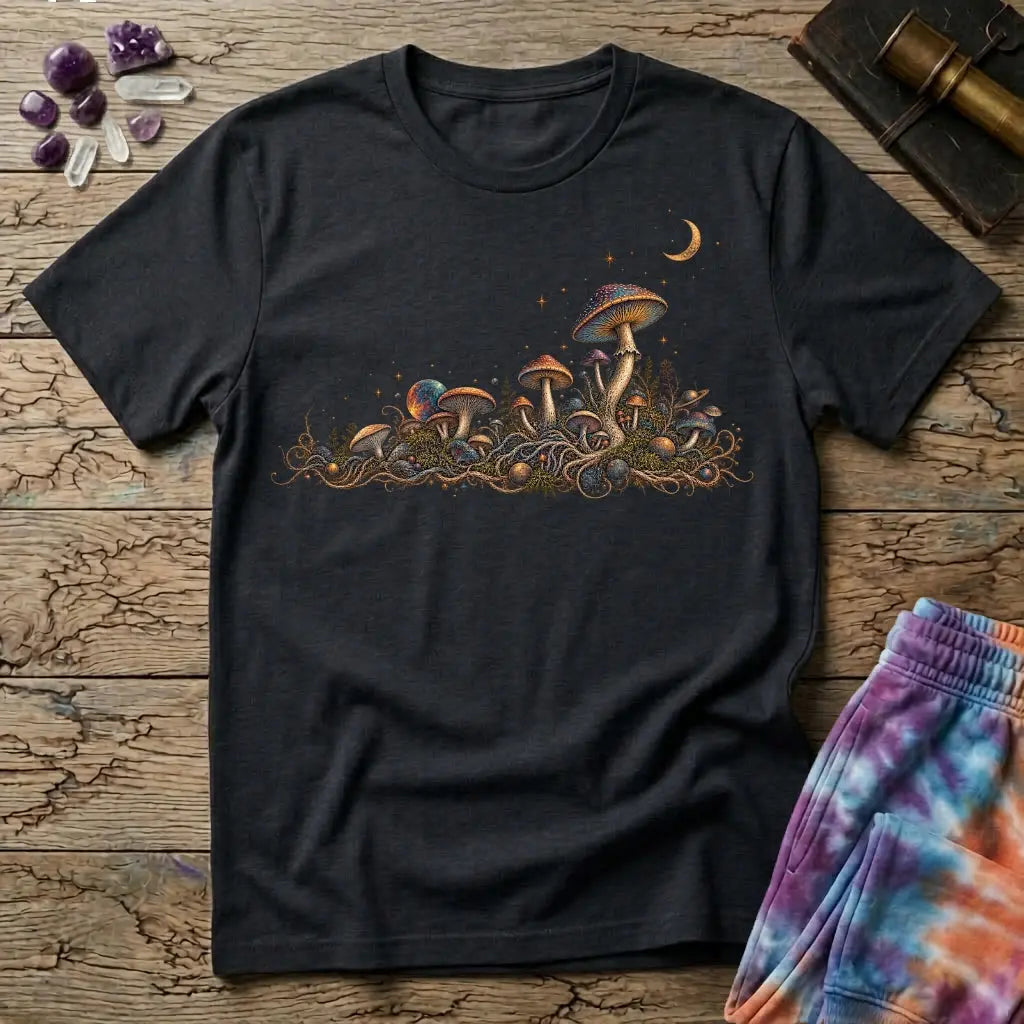 Horizon of iridescent mushrooms and tangled roots under a crescent moon, on a Black unisex t-shirt