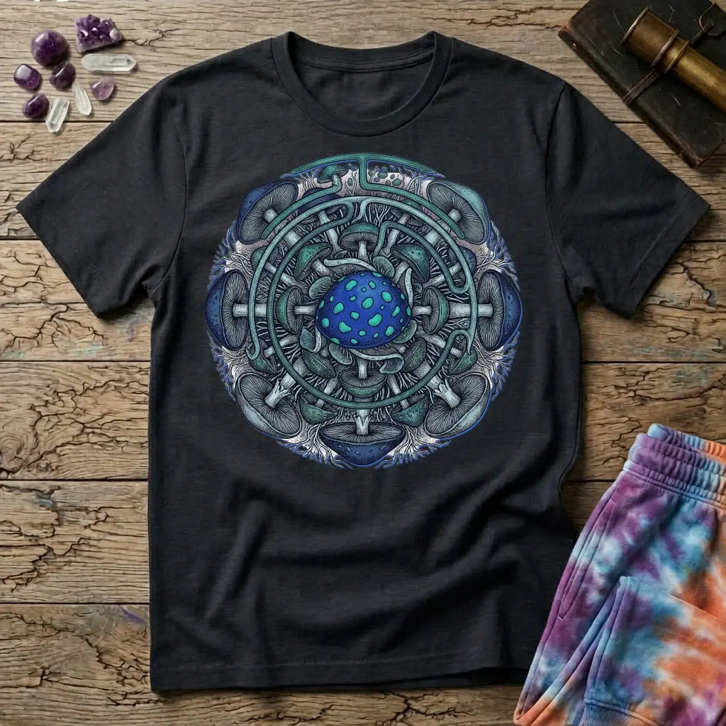 Circular blue and teal mushroom mandala ringed with mycelium threads, on a Black unisex t-shirt