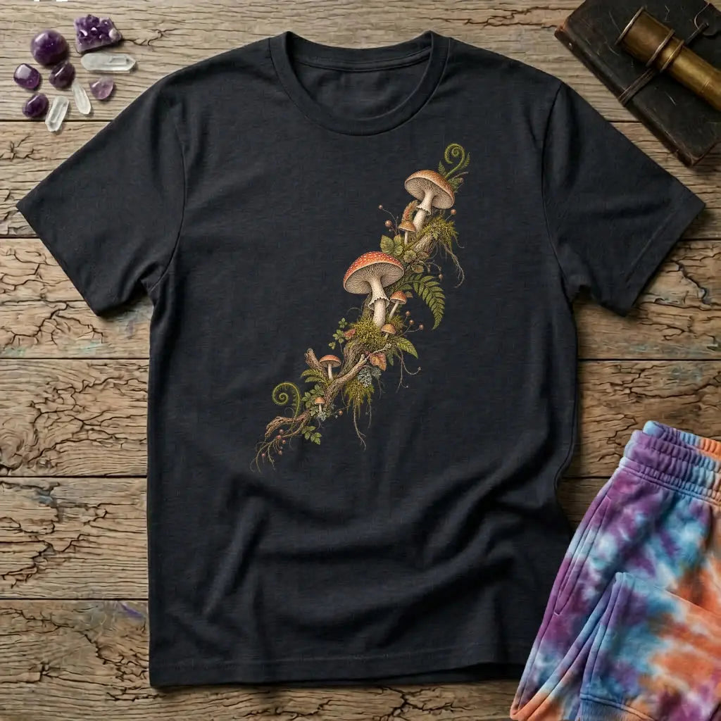 Amanita and moss climbing a branch on the diagonal, a botanical specimen study, on a Black unisex t-shirt