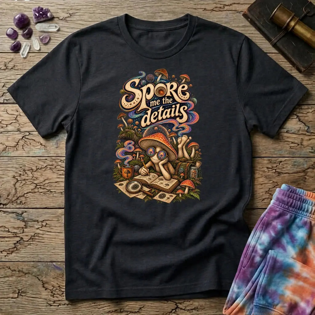 Spore Me the Details lettering above a mushroom character taking notes over spore prints, on a Black unisex t-shirt