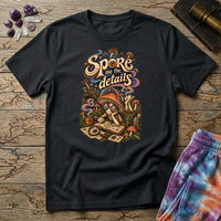 Spore Me the Details lettering above a mushroom character taking notes over spore prints, on a Black unisex t-shirt