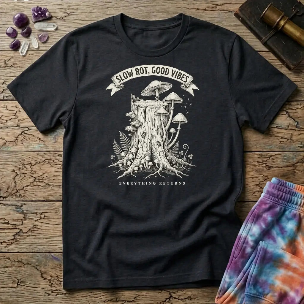 Slow Rot Good Vibes banner over an engraved stump crowded with bracket fungi, on a Black unisex t-shirt