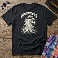 Slow Rot Good Vibes banner over an engraved stump crowded with bracket fungi, on a Black unisex t-shirt