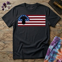 A black mushroom silhouette over an American flag of stars and stripes, on a Black unisex t-shirt