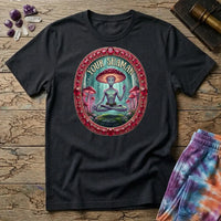 Your Shaman meditating mushroom figure inside a ruby and gold frame, on a Black unisex t-shirt