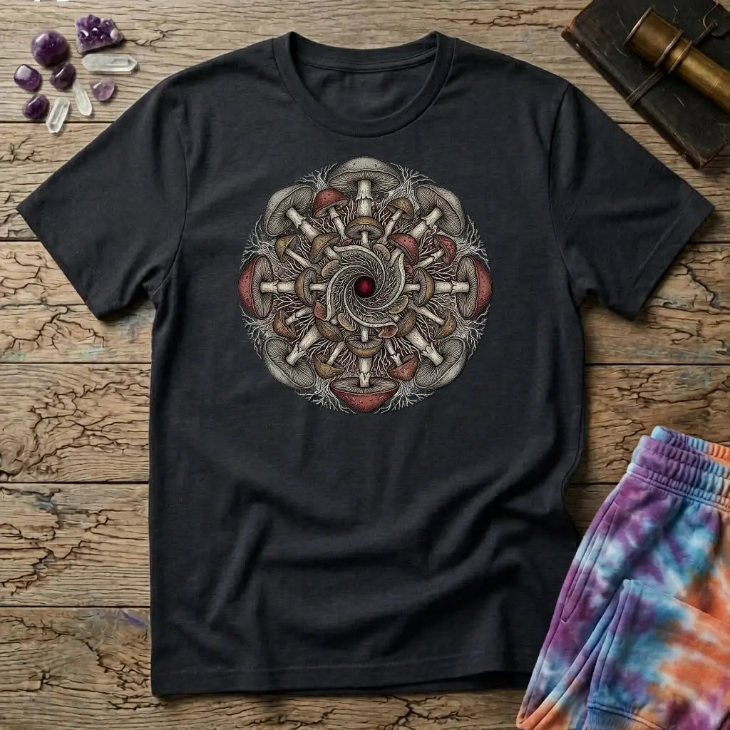 Symmetrical mandala of mirrored mushroom caps and root threads around a deep red center, on a Black unisex t-shirt