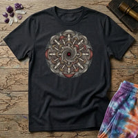 Symmetrical mandala of mirrored mushroom caps and root threads around a deep red center, on a Black unisex t-shirt
