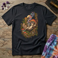 Mushroom character in round rainbow sunglasses relaxing in a hammock under a pine-lined moon, on a Black unisex t-shirt