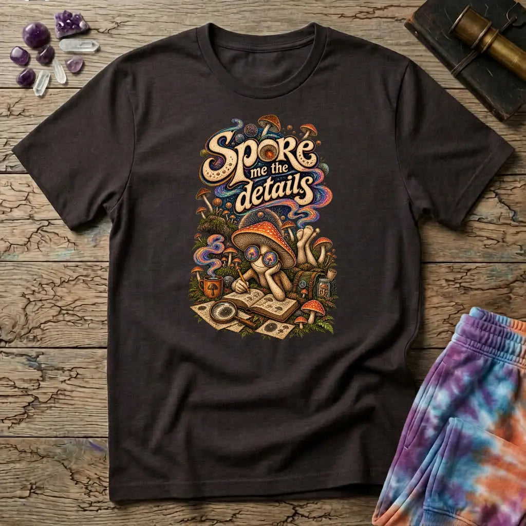 Spore Me the Details lettering above a mushroom character taking notes over spore prints, on a Dark Chocolate unisex t-shirt