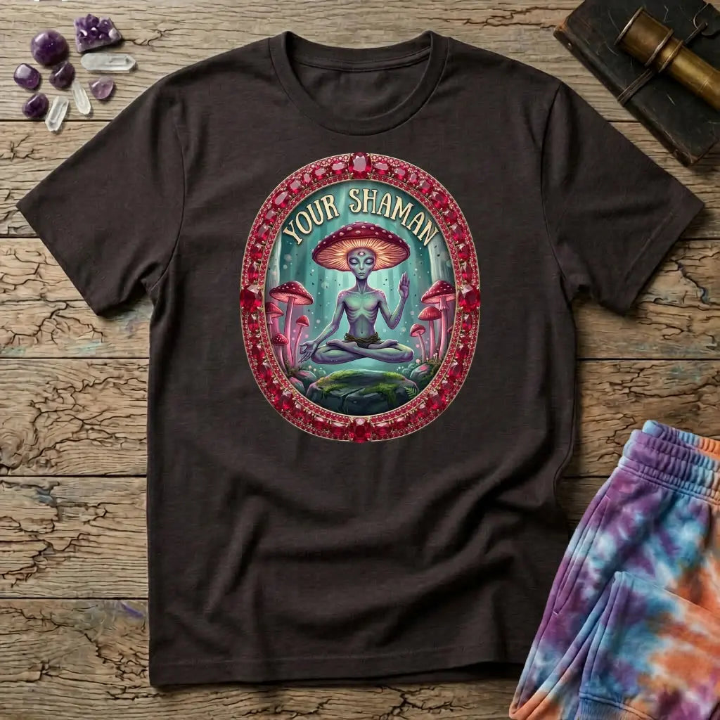Your Shaman meditating mushroom figure inside a ruby and gold frame, on a Dark Chocolate unisex t-shirt