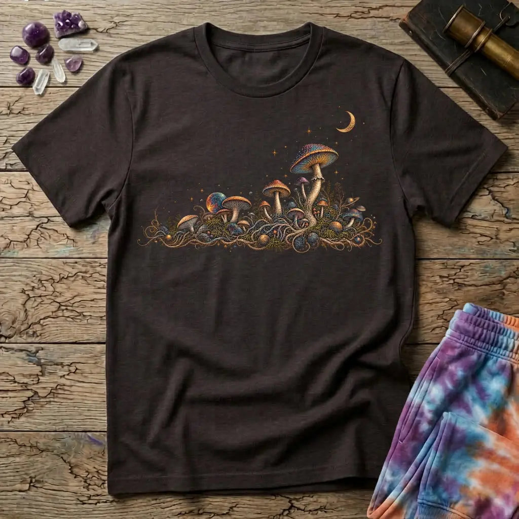Horizon of iridescent mushrooms and tangled roots under a crescent moon, on a Dark Chocolate unisex t-shirt