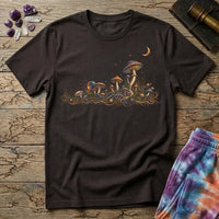 Horizon of iridescent mushrooms and tangled roots under a crescent moon, on a Dark Chocolate unisex t-shirt