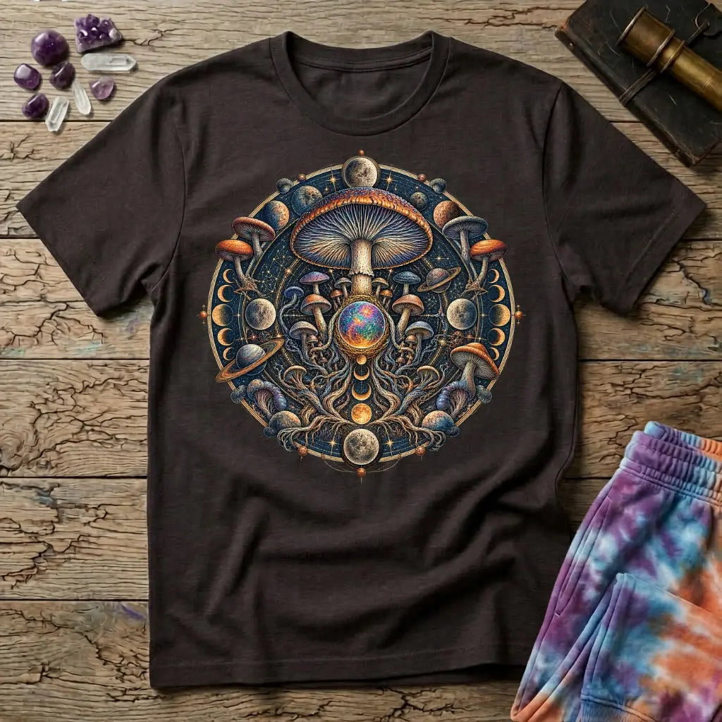 Cosmic mushroom mandala of moon phases, ringed planets and an opal orb, on a Dark Chocolate unisex t-shirt