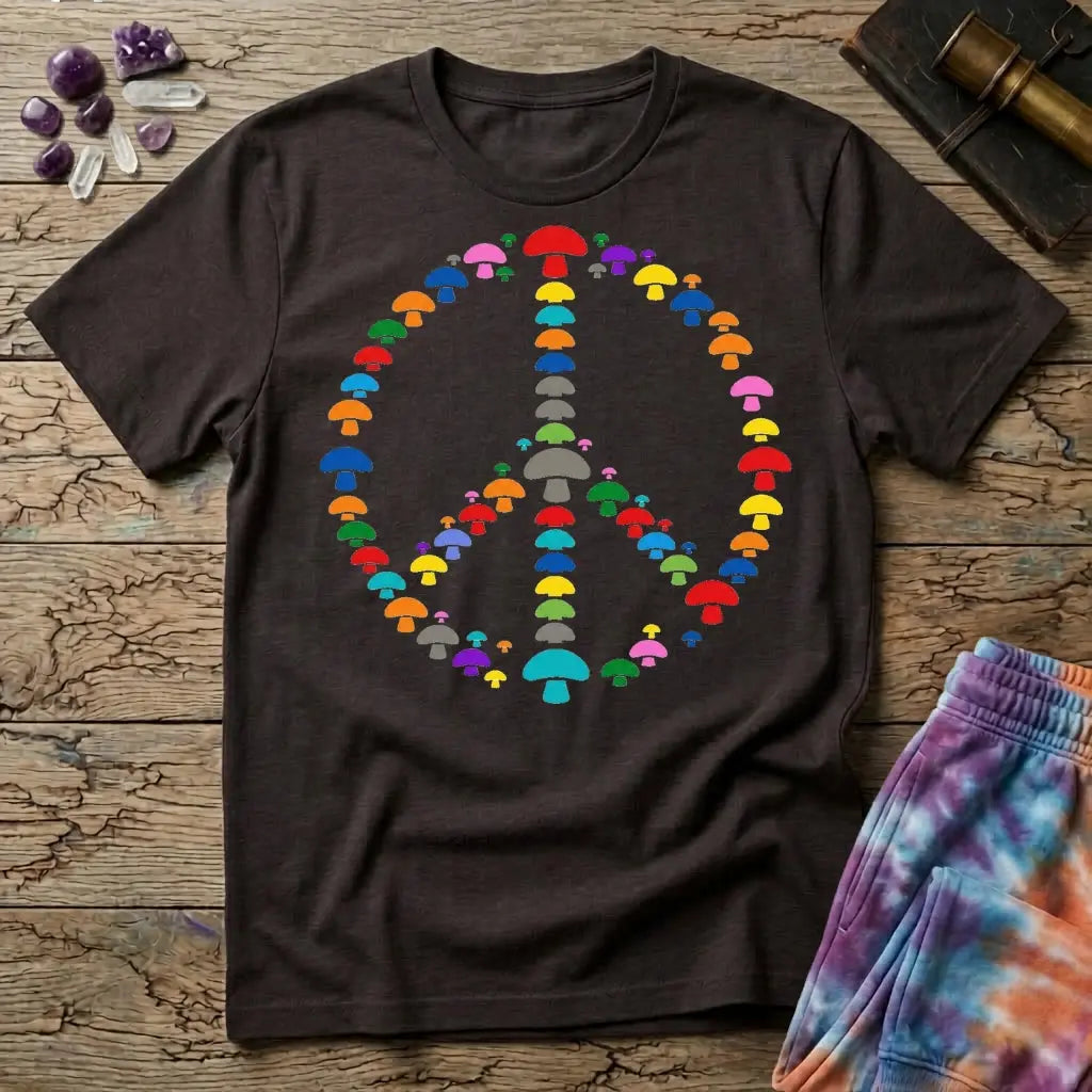 A peace sign made of small rainbow mushrooms, on a Dark Chocolate unisex t-shirt
