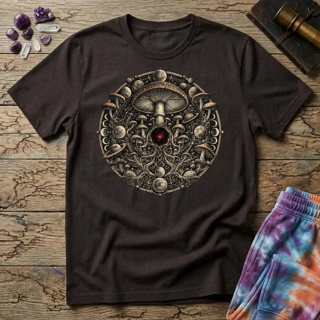 Ornate mushroom mandala ringed with moon phases and planets around a glowing red gem, on a Dark Chocolate unisex t-shirt