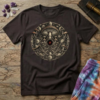 Ornate mushroom mandala ringed with moon phases and planets around a glowing red gem, on a Dark Chocolate unisex t-shirt