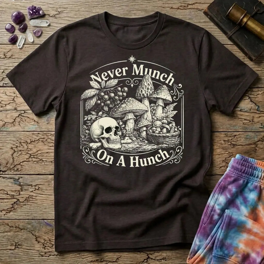 Never Munch on a Hunch engraved skull beside a foraging basket of wild mushrooms, on a Dark Chocolate unisex t-shirt