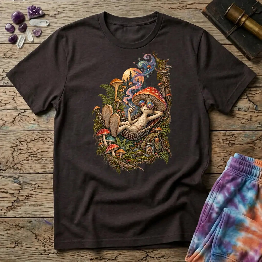Mushroom character in round rainbow sunglasses relaxing in a hammock under a pine-lined moon, on a Dark Chocolate unisex t-shirt