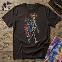 Skeleton carrying a navy golf bag with red amanita mushrooms sprouting from the clubs and skull, on a Dark Chocolate unisex t-shirt