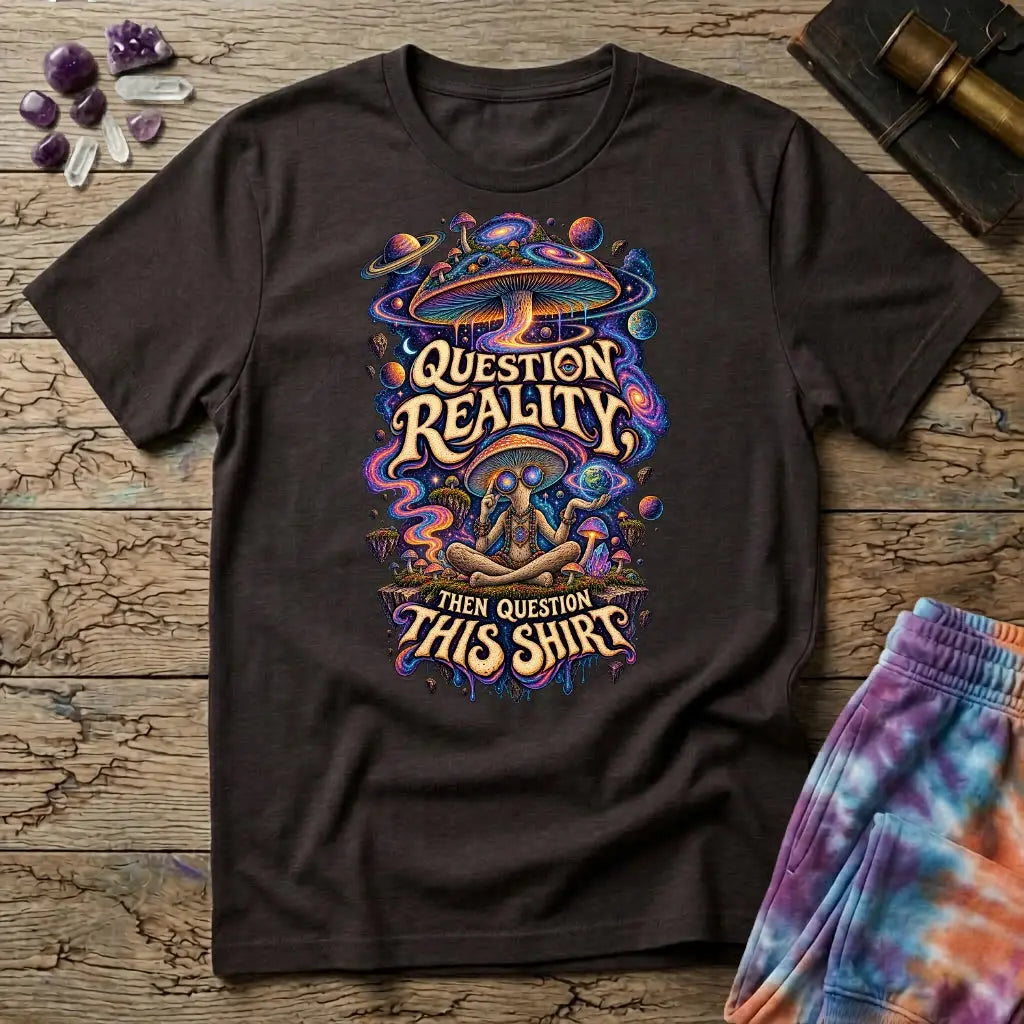 Question Reality, Then Question This Shirt lettering around a cosmic mushroom and a meditating figure, on a Dark Chocolate unisex t-shirt