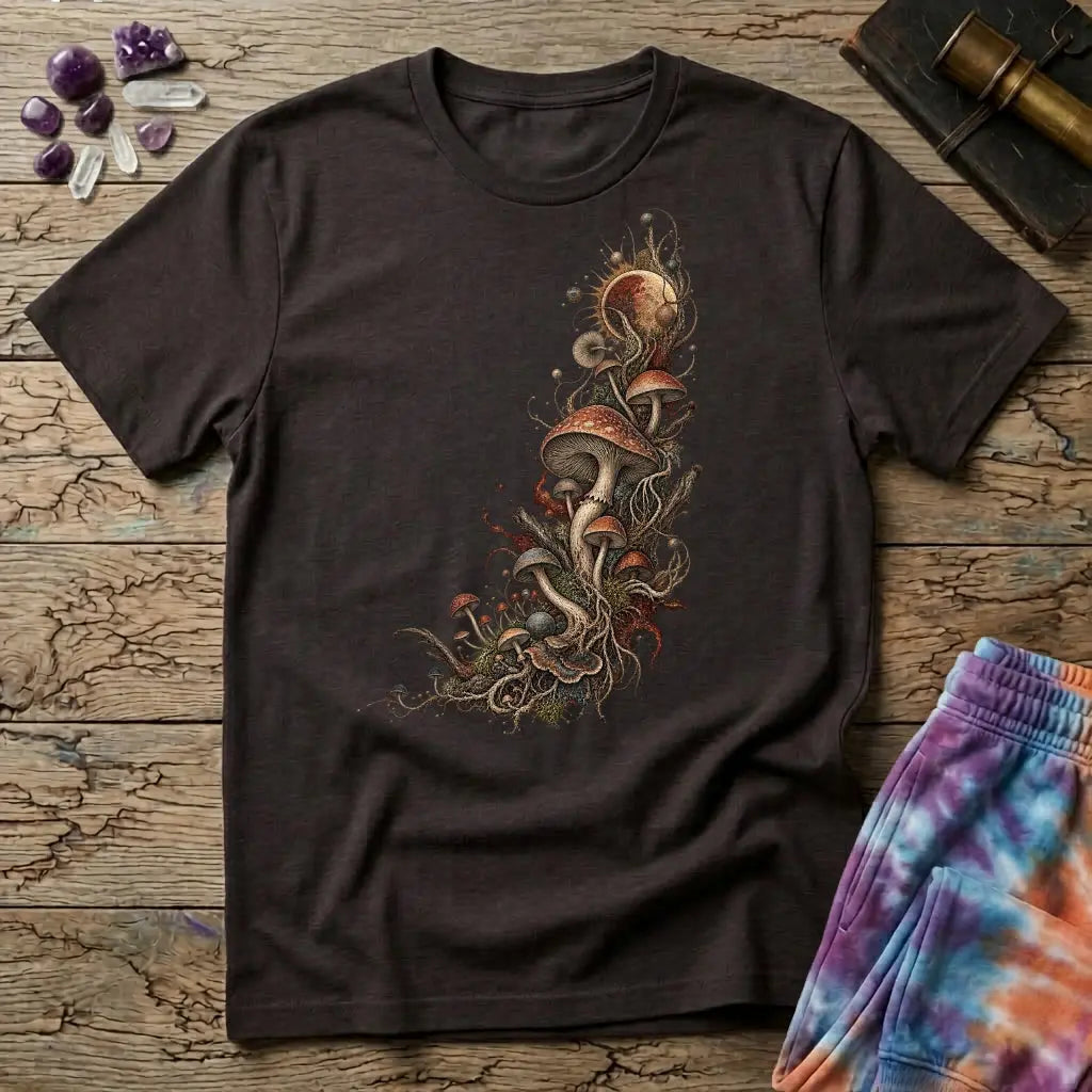 Asymmetric cluster of mushrooms, roots and moss beneath an eclipsed sun, on a Dark Chocolate unisex t-shirt