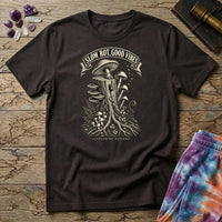 Slow Rot Good Vibes banner over an engraved stump crowded with bracket fungi and ferns, on a Dark Chocolate unisex t-shirt