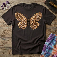 A moth with wings made of layered bracket mushrooms, on a Dark Chocolate unisex t-shirt