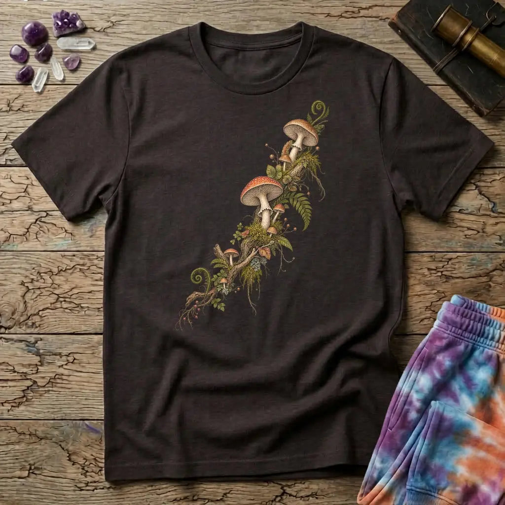 Amanita and moss climbing a branch on the diagonal, a botanical specimen study, on a Dark Chocolate unisex t-shirt