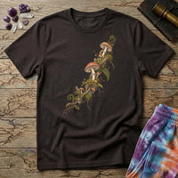Amanita and moss climbing a branch on the diagonal, a botanical specimen study, on a Dark Chocolate unisex t-shirt