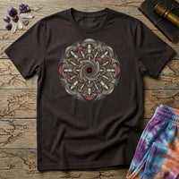 Symmetrical mandala of mirrored mushroom caps and root threads around a deep red center, on a Dark Chocolate unisex t-shirt