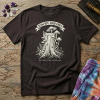 Slow Rot Good Vibes banner over an engraved stump crowded with bracket fungi, on a Dark Chocolate unisex t-shirt