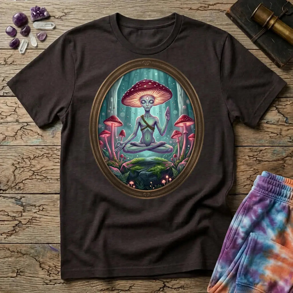 A mushroom-capped alien meditating on a mossy rock in an oval forest frame, on a Dark Chocolate unisex t-shirt