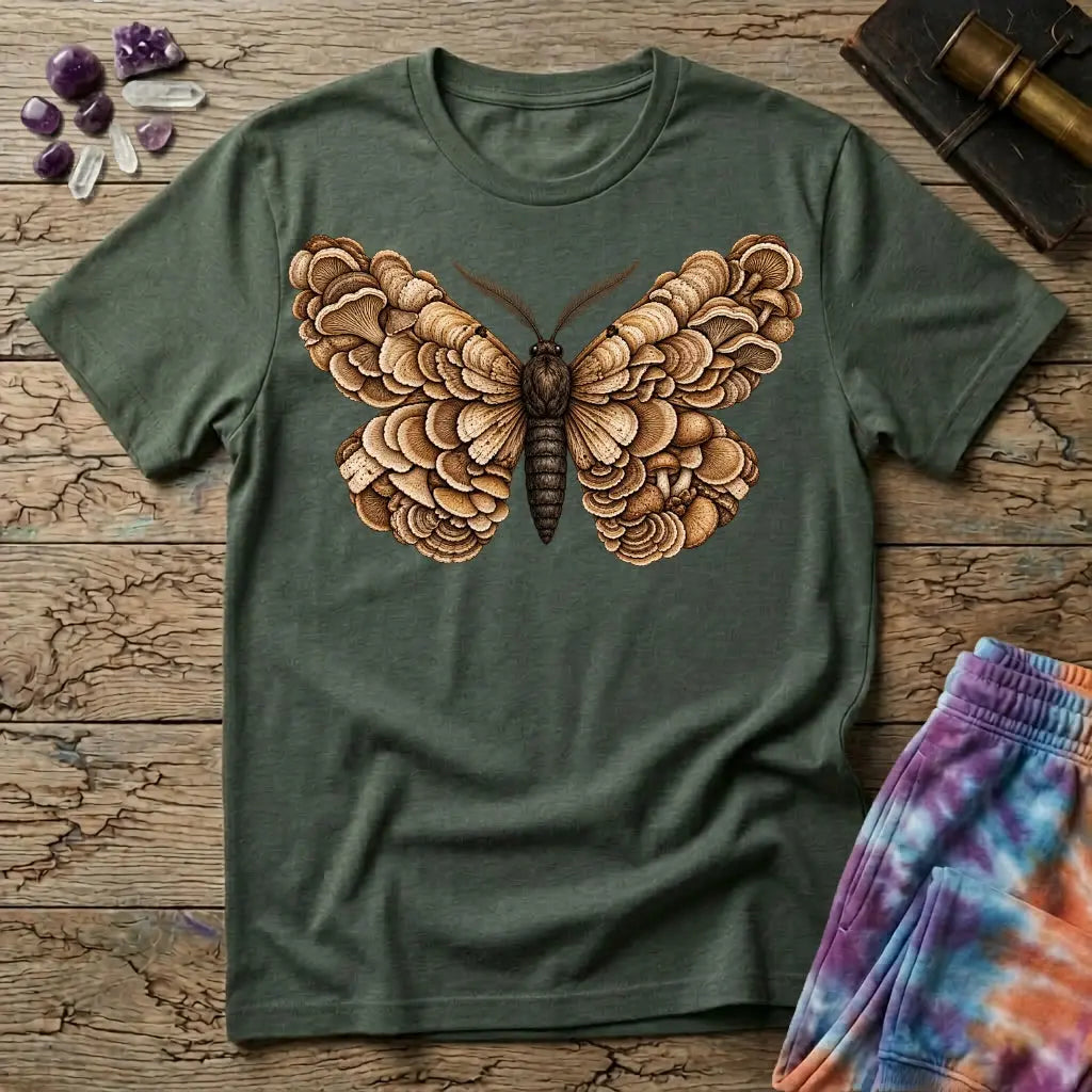 A moth with wings made of layered bracket mushrooms, on a Military Green unisex t-shirt